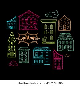 Collection of color doodled houses, isolated hand drawn sketch of houses on black background, cute doodle background with place for text, lettering My Home, EPS 8