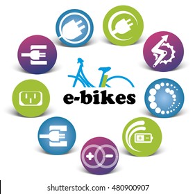 Collection of color e-bikes icons, illustration isolated on white