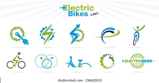 Collection of color electric bikes icons, isolated, vector illustration