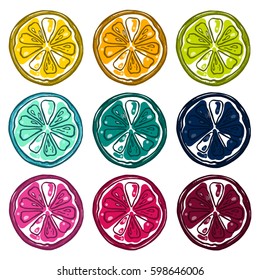 Collection of color fresh ripe orange, lemon, lime, grapefruit, vector illustration