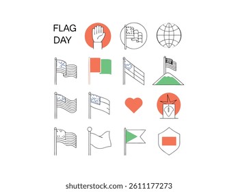 Collection of color full American Flag Icons. This set features various stylized icons of American flags, including different positions and orientations.