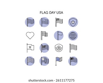 Collection of color full American Flag Icons. This set features various stylized icons of American flags, including different positions and orientations.