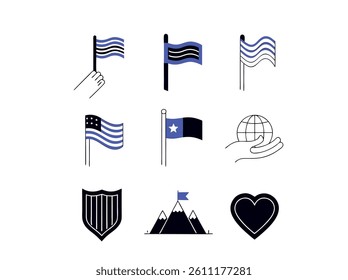 Collection of color full American Flag Icons. This set features various stylized icons of American flags, including different positions and orientations.