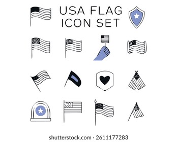 Collection of color full American Flag Icons. This set features various stylized icons of American flags, including different positions and orientations.
