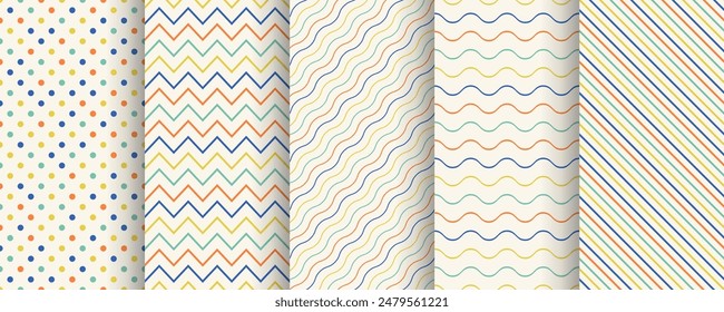 Collection of color geometric seamless minimalistic delicate patterns. Simple dotted and striped outline textures - repeatable cute unusual backgrounds