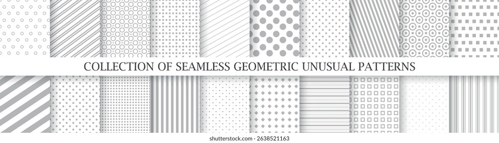 Collection of color geometric seamless patterns. Simple dotted and striped delicate textures - repeatable unusual minimalistic backgrounds. Textile endless prints.