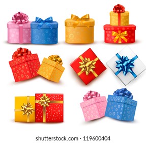 Collection of color gift boxes with bows and ribbons. Vector illustration.