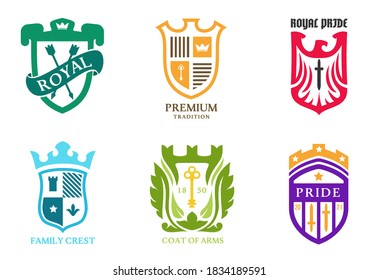 Collection color heraldic emblems isolated on white background. Template for shields badges in minimalistic cartoon style. Set of bright premium vintage vector illustration.