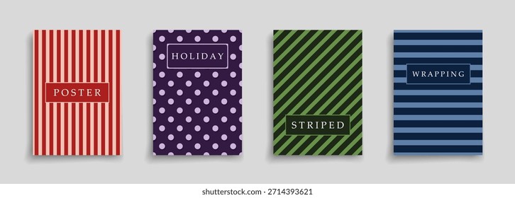 Coleção de cartazes coloridos de férias. Vetor festivo pontilhado e listrado cartazes minimalistas, brochuras, banners, fundos, cartões. Capas de arte de moda simples. Impressão decorativa de papel de embrulho