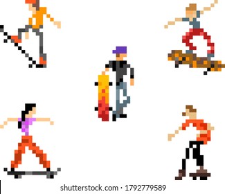 Collection of color images of cool skaters with skateboards in various dynamic poses. All images are made in the pixel art style.