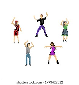 Collection of color images of dancers at a party in various dynamic poses. All images are made in the pixel art style