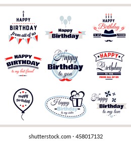 Collection of color labels with congratulation on white background. Happy Birthday to you. Vector illustration.