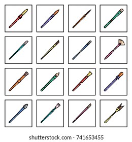 Collection of color line paint brush icons. Artistic brushes types in linear simple flat design: round, flat, bright, filbert, fan, angle, mop, rigger. 