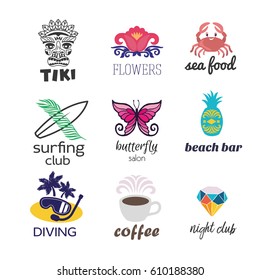 Collection Of Color Logos, Signs For Night Club, Bar, Diving, Surfing, Salon