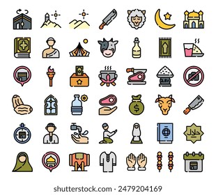 A collection of color- outline icons celebrating Eid al-Adha, featuring symbols like sheep, mosques, and crescent moons. Vector illustration.