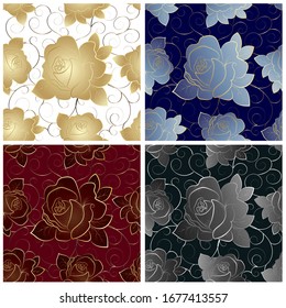 Collection of color patterns with roses.Roses on colored backgrounds in a set of patterns.