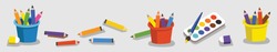 Collection Of Color Pencils, Color Paint For Children In Vector Illustration On Gray Background. Cartoon Pencils And Paints.