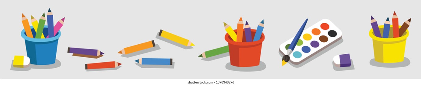 Collection of Color Pencils, Color Paint for children in vector illustration on gray background. Cartoon Pencils and Paints.