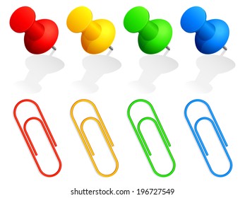 Collection of color pins and paper clips.