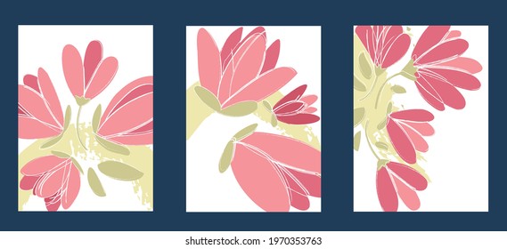 Collection of color posters in flat style. Hand drawn flowers elements. Pink Japanese Camellia, plants and abstract figures on an isolated background for postcards and banners. 