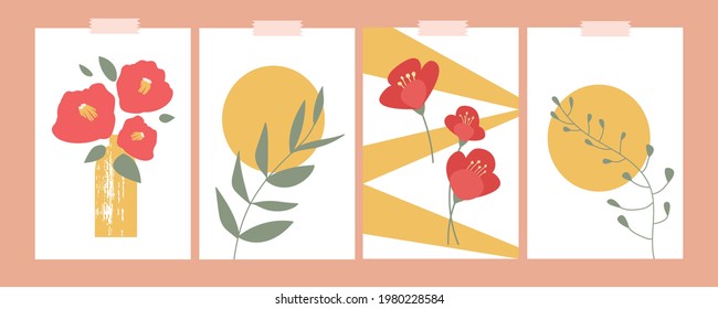 Collection of color posters in flat style. Hand drawn elements. Red Japanese Camellia in a vase, plants and abstract figures. Design postcard, banner, wall decoration. All objects isolated.