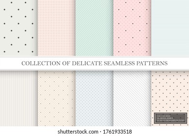 Collection of color repeatable delicate patterns. Dotted, striped tileable textures. You can find seamless backgrounds in swatches panel.