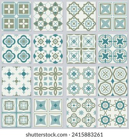 Collection of color seamless geometric mosaic patterns - vintage tile textures. Decorative ornamental abstract ornate backgrounds. Vector repeatable tileable prints