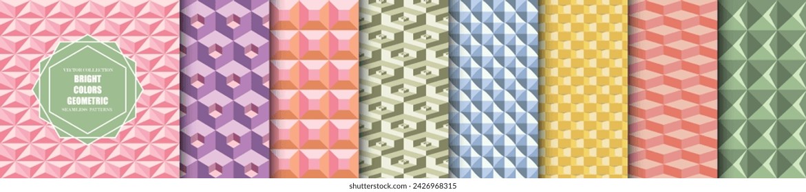 Collection of color seamless geometric patterns. Repeatable bright backgrounds. Decorative endless 3d tile textures