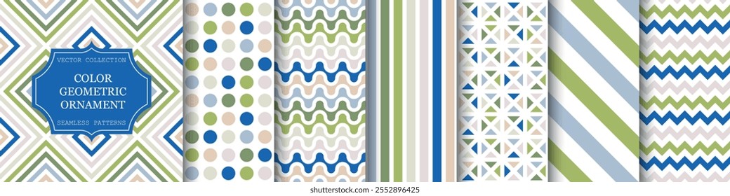 Coleção de padrões geométricos de cor sem costura. Fundo de moda abstrato - design vibrante. Texturas em mosaico de azulejos. Impressões intermináveis simples e brilhantes