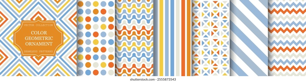 Collection of color seamless geometric patterns. Abstract fashion backgrounds - vibrant design. Tile mosaic textures. Bright simple endless prints