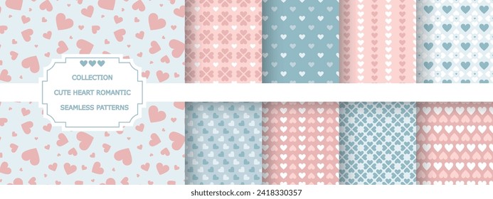 Collection of color seamless patterns with hearts. 14th February romantic elegant prints for Valentines Day. Cute peach and blue vector backgrounds