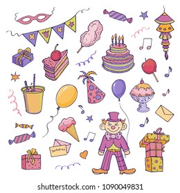 Collection of color sketches children's holiday, attributes of the birthday