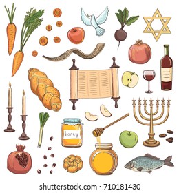 A collection of color sketches of Rosh Hashanah. Attributes and symbols of the Jewish holiday