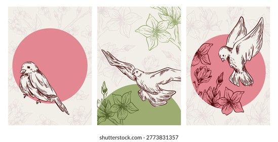 Collection of color spring cards with birds and flowers. Vector realistic illustration of hand drawn banner with flying pigeon, sparrow sitting on blooming tree branch, vintage line art poster design