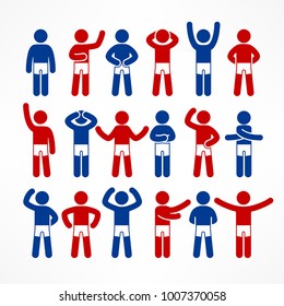 Collection of color stick figures with different poses, human icon symbol sign. Vector illustration.