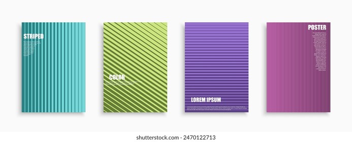 Colección de carteles de diseño abstracto a rayas de color, Plantillas, carteles, folletos, Anuncios, volantes, fondos. Cubiertas de degradado de semitonos elegantes y brillantes. Tarjetas minimalistas con impresión lineal