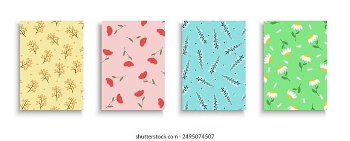 Collection of color summer flower posters, templates, backgrounds placards, brochures, banners, flyers and etc. Bright floral covers. Vibrant nature prints