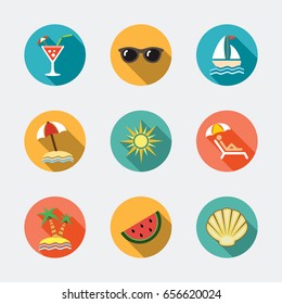 Collection of color Summer icons with long shadows