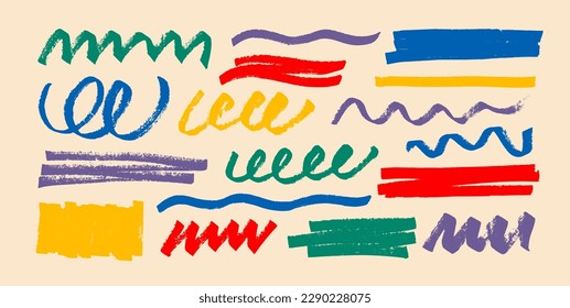 Collection color text marker stripes, curved lines and various shapes. Bright color marker strokes and design elements. Abstract grunge vector lines, brush strokes. Hand drawn collection of doodles.