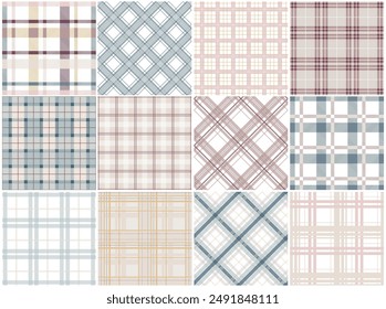 Kollektion von farbigen textilen nahtlosen Mustern - geometrisches Streifendesign. Vektorgrafik reproduzierbare Stoffhintergründe. Zarte Schottenkarierte Stoffdrucke