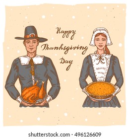 Collection of color vector hand drawn illustrations of the pilgrim with roasted turkey, pilgrim wife with pumpkin pie.Thanksgiving Day set with man in hat holding turkey and smiling girl holding pie.