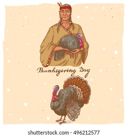 Collection of color vector hand drawn illustrations of the old native american man with turkey, standing alive turkey and text Happy Thanksgiving Day. Thanksgiving Day set in vintage style.