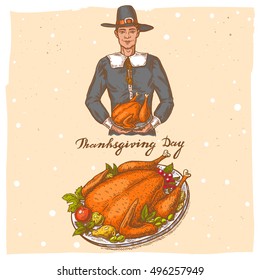 Collection of color vector hand drawn illustrations of the pilgrim in hat with roasted turkey and text Happy Thanksgiving Day.