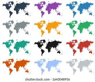 Collection of color world maps, flat icon vector illustration.