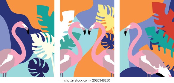 Collection of colored abstractions with flamingos and tropical plants (monstera and palm) on the backgrounds