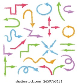 A collection of colored arrows in different directions, hand-drawn with crayons and pencils in the doodle style