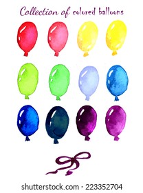 Collection of colored balloons painted live watercolor paint for your design