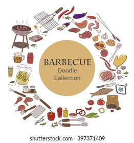 Collection of the colored barbecue doodles, different objects: drinks, food, meat and vegetables, tools and instruments, spices etc. Line art illustrations.