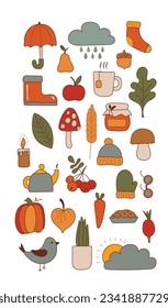 Collection of colored beautiful autumn items isolated on white background. Hand drawn. Vector illustration