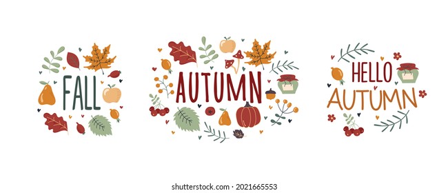 Collection of colored beautiful autumn stickers pack. Autumn hand drawn lettering vector set. Cozy design elements decorative bundle. All objects are separated. Hand drawn. Vector illustration.